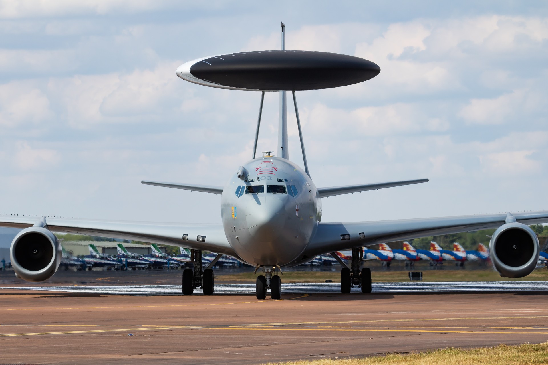 Royal Air Force Boeing E-3D AWACS ZH103 airborne command aircraft arrival for RIAT Royal International Air Tattoo 2018 airshow